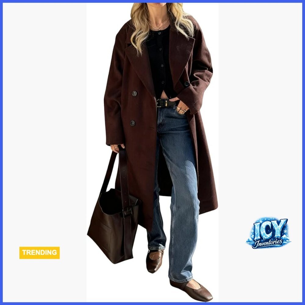 Long Wool Blend Double Breasted Pea Coat Notch Lapel Winter Coat